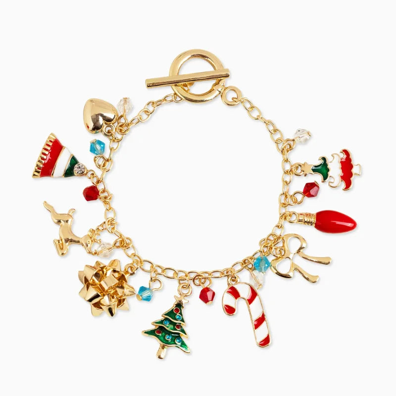 Gold Christmas Ornament Charm Bracelet with Enamel Decorations