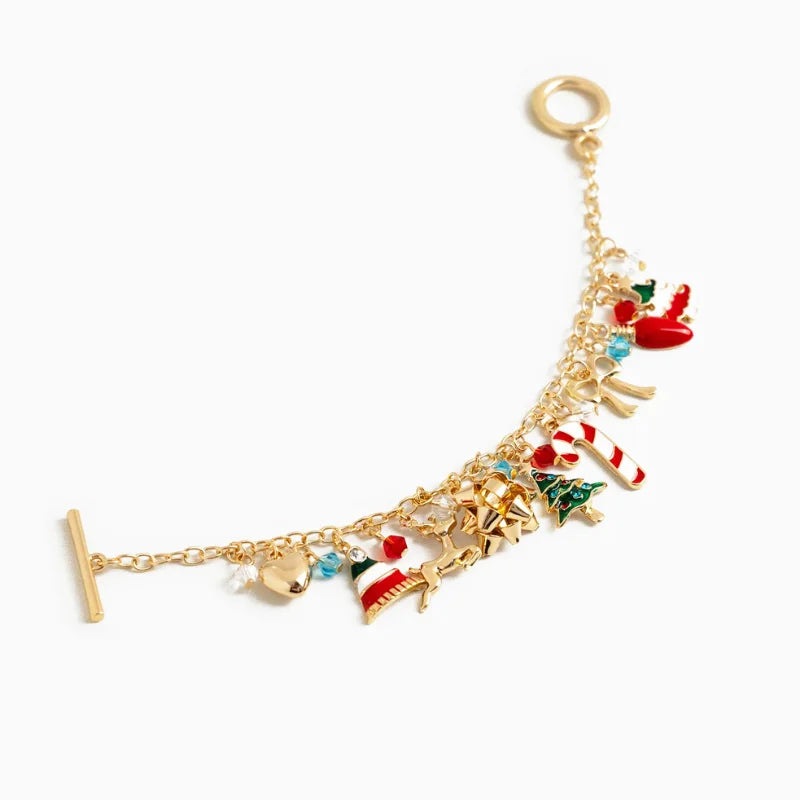 Gold Christmas Ornament Charm Bracelet with Red, Green Accents