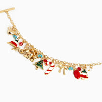 Gold Christmas Ornament Charm Bracelet with Enamel Decorations