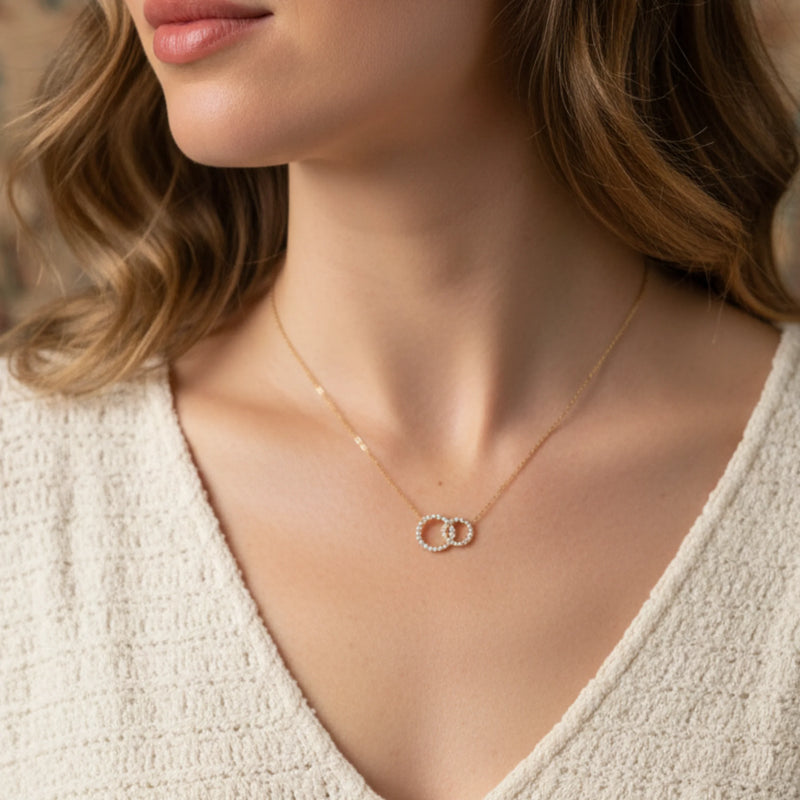 Gold interlocking circle necklace with cubic zirconia accents, zirconia interlocking promise