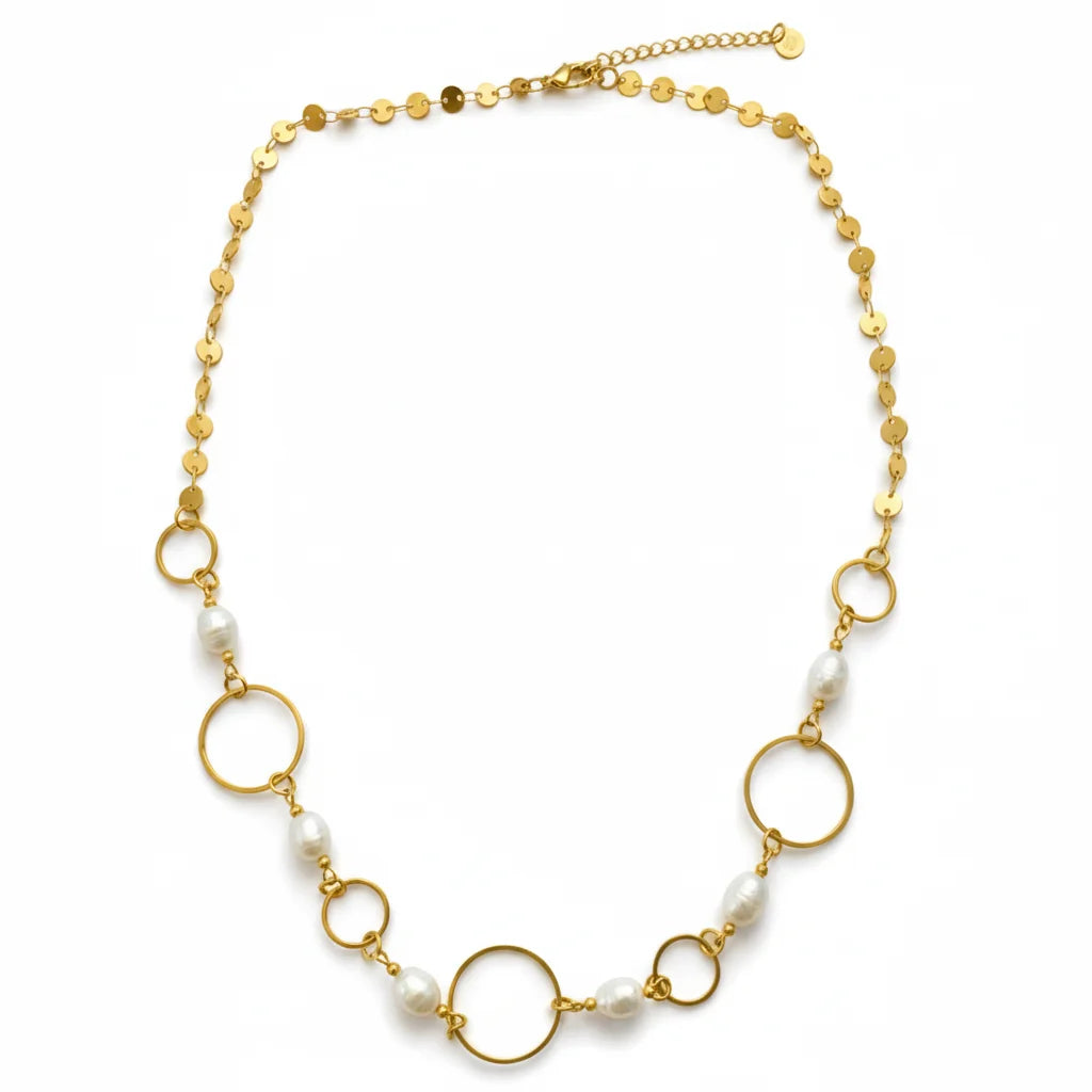 Gold pearl bohemian disc necklace with delicate chain