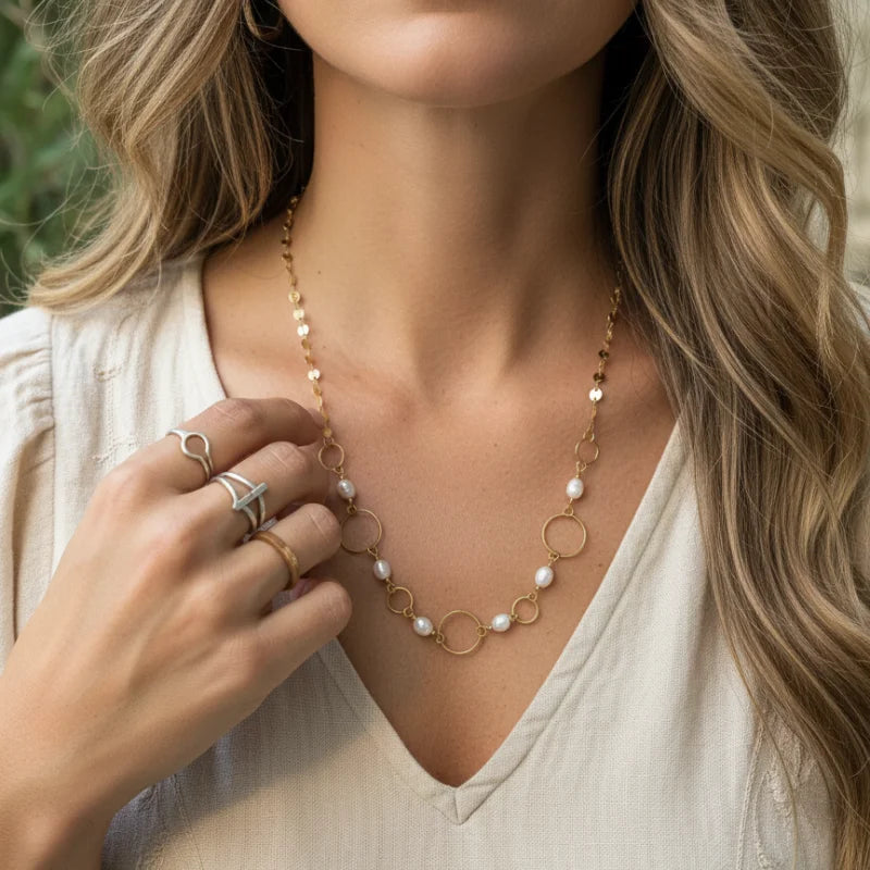 Gold pearl bohemian disc necklace with freshwater pearls