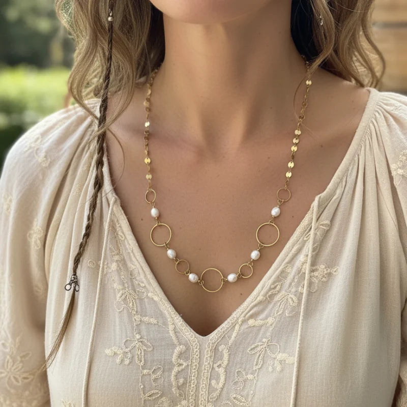 Gold pearl bohemian disc necklace with elegant circle pearls