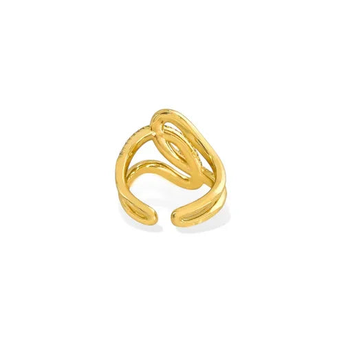 Gold-colored adjustable looped ring with cubic zirconia centerpiece and triple gold plating