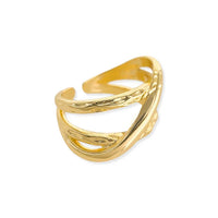 Gold-colored double cross ring with adjustable hammered crisscross design