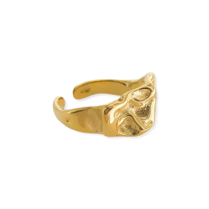 Gold-colored water resistant adjustable ring with organic textured surface