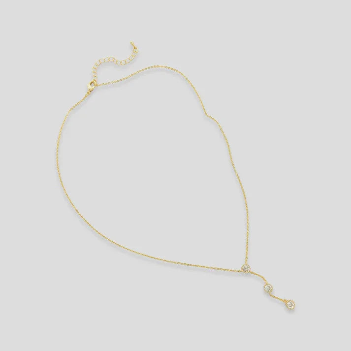 Gold-colored dainty chain necklace with three clear CZ drop pendants for elegant style