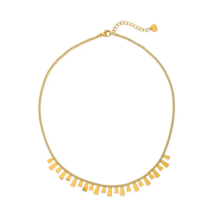 Gold-colored water resistant tiny curb chain necklace with rectangular dangle charms