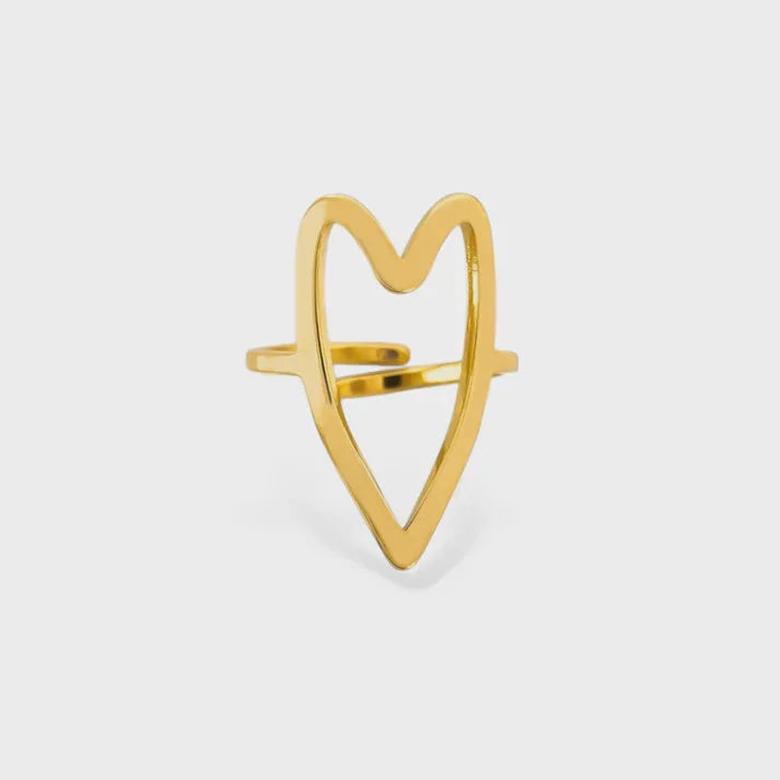 Gold-colored open heart outline ring from WATER RESISTANT GOLD ADJUSTABLE SCULPTURAL HEART RING collection