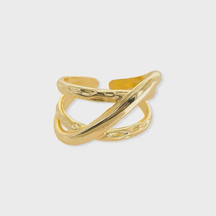 Gold-colored textured crossover ring from the DOUBLE CROSS RING ADJUSTABLE GOLD RING collection