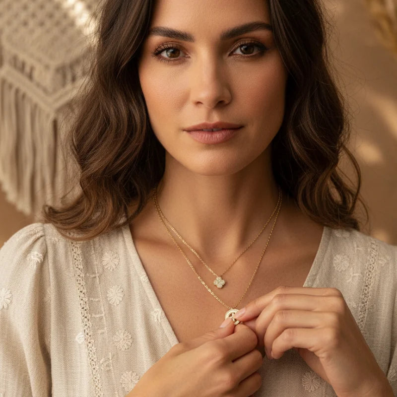 Boho gold layered charm necklace with intricate cross pendant