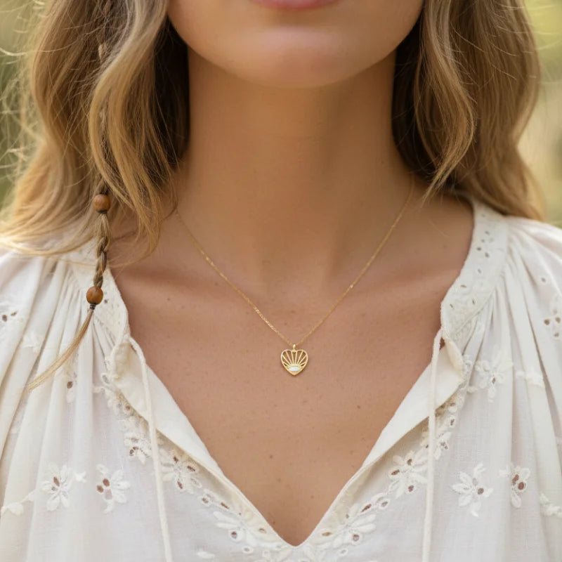 Boho Gold Sunrise Heart Necklace with Intricate Oval Stud Pendant