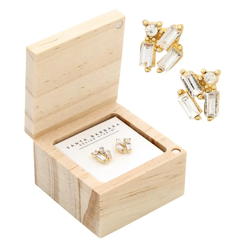 Gold and crystal stud earrings in a wooden box, part of Treasure Box Earrings collection