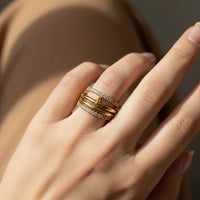 Golden boho layered ring set with diamond-studded band, shop Daisy