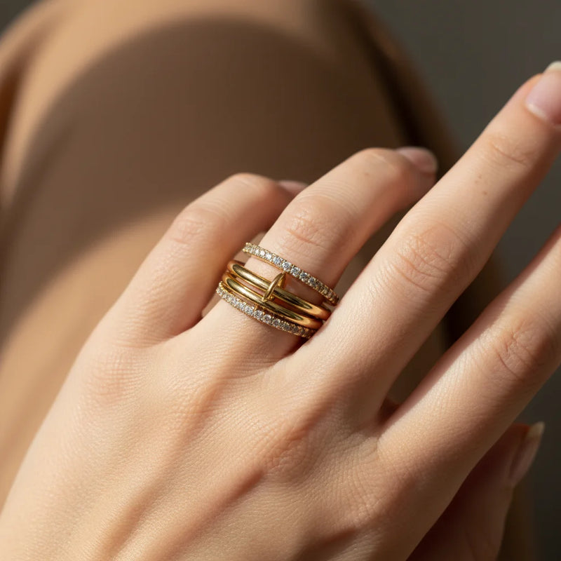 Golden boho layered ring set with diamond-studded band, shop Daisy
