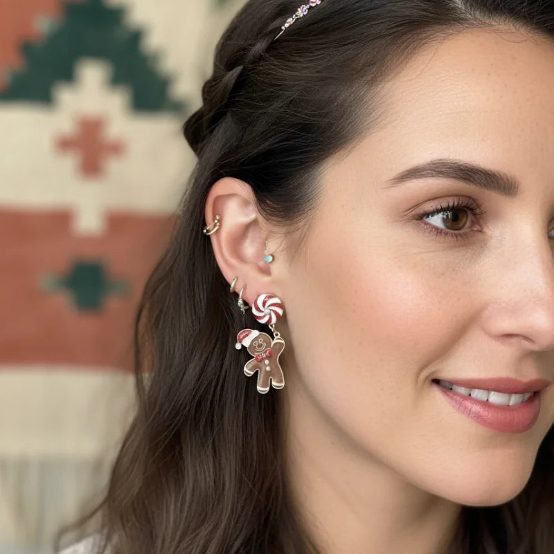 Festive gingerbread man peppermint dangle earrings with gold, pink and silver design