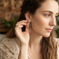 Gold and green leafy dangle earrings with pearl accents, Christmas charm