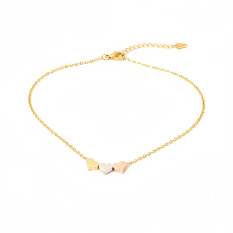 Three tone dainty hearts necklace in rose, white and yellow gold
