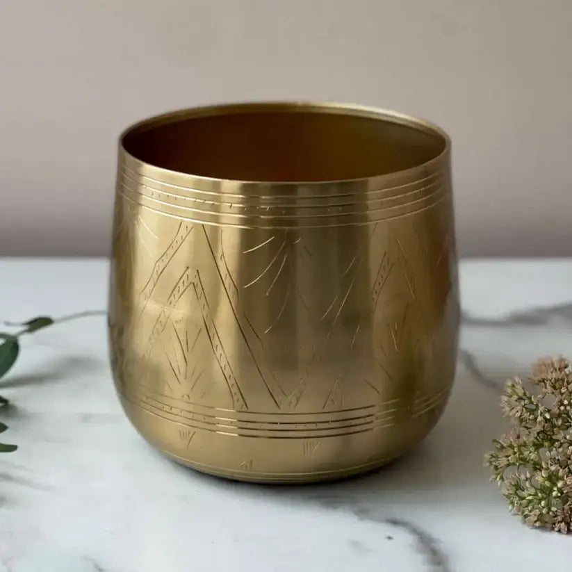 Gold metallic Tulum Floral Pot with etched mountain designs for stylish decor