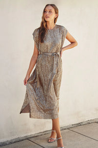 Gold foiled cap sleeve maxi dress with draped design and tie waist