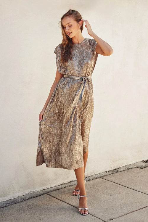 Gold foiled cap sleeve maxi dress with floral print and belt
