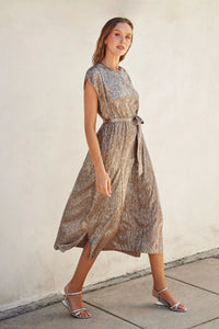 Gold foiled cap sleeve maxi dress with tie waist and high slit