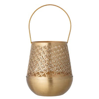 Gold metal punched lantern with decorative cutout pattern and handle for elegant lighting