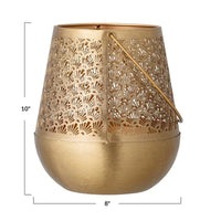 Gold metallic punched lantern with intricate shell-pattern cutouts and handle