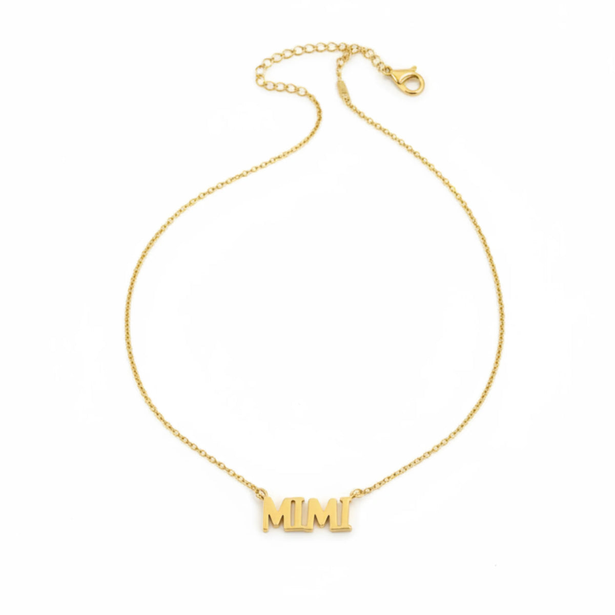 Gold dipped Mimi charm necklace with delicate chain and lobster clasp for elegant style