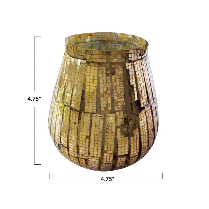 Gold mosaic glass vase with tapered shape featuring antique copper finish