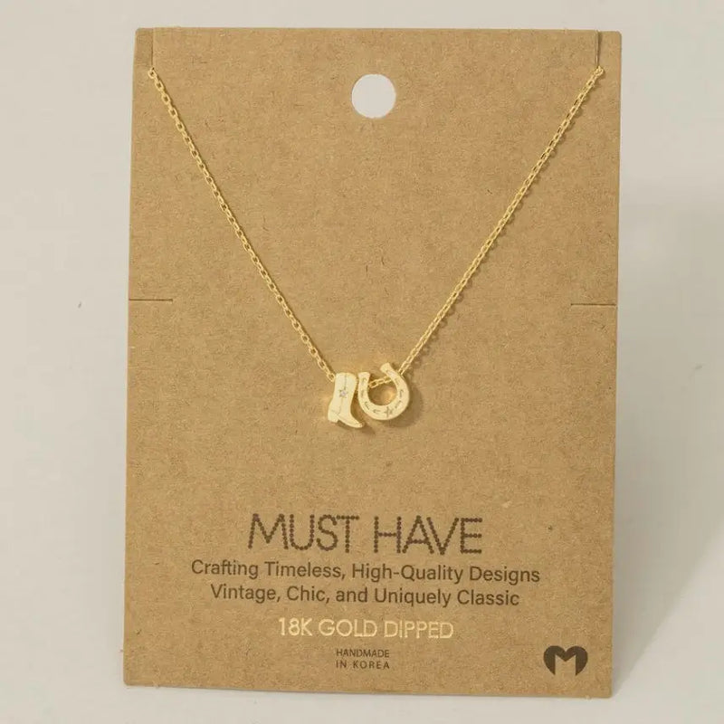 Gold dipped cowboy boots and horse shoe charm necklace featuring trendy design