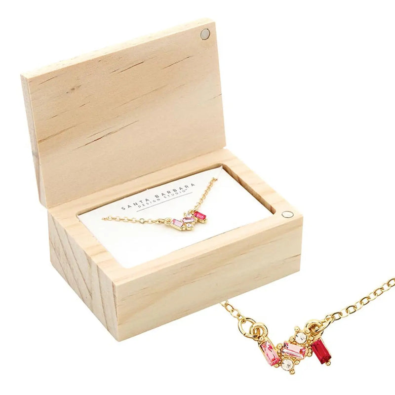 Gold necklace with pink and clear stones in a wooden treasure chest box for TREASURE BOX NECKLACE - BLUSH - LOVE YOU SO MUCH