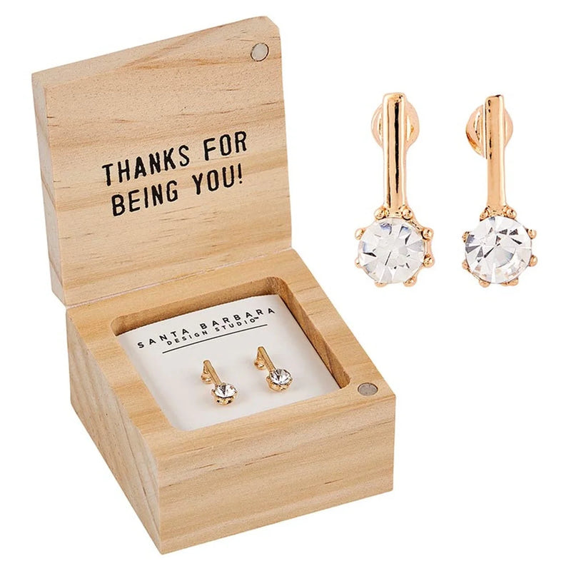 Gold-plated crystal cute drop earrings in a wooden gift box with Thanks for being you lid