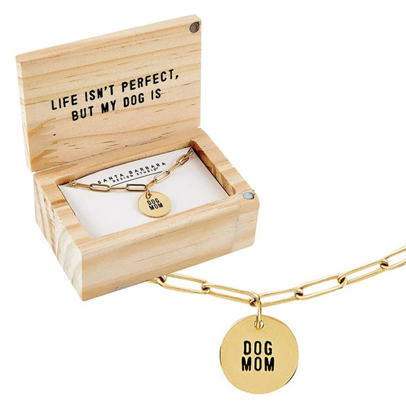 Gold-plated DOG MOM necklace in box with LIFE ISN’T PERFECT but MY DOG IS text, Shop Daisy