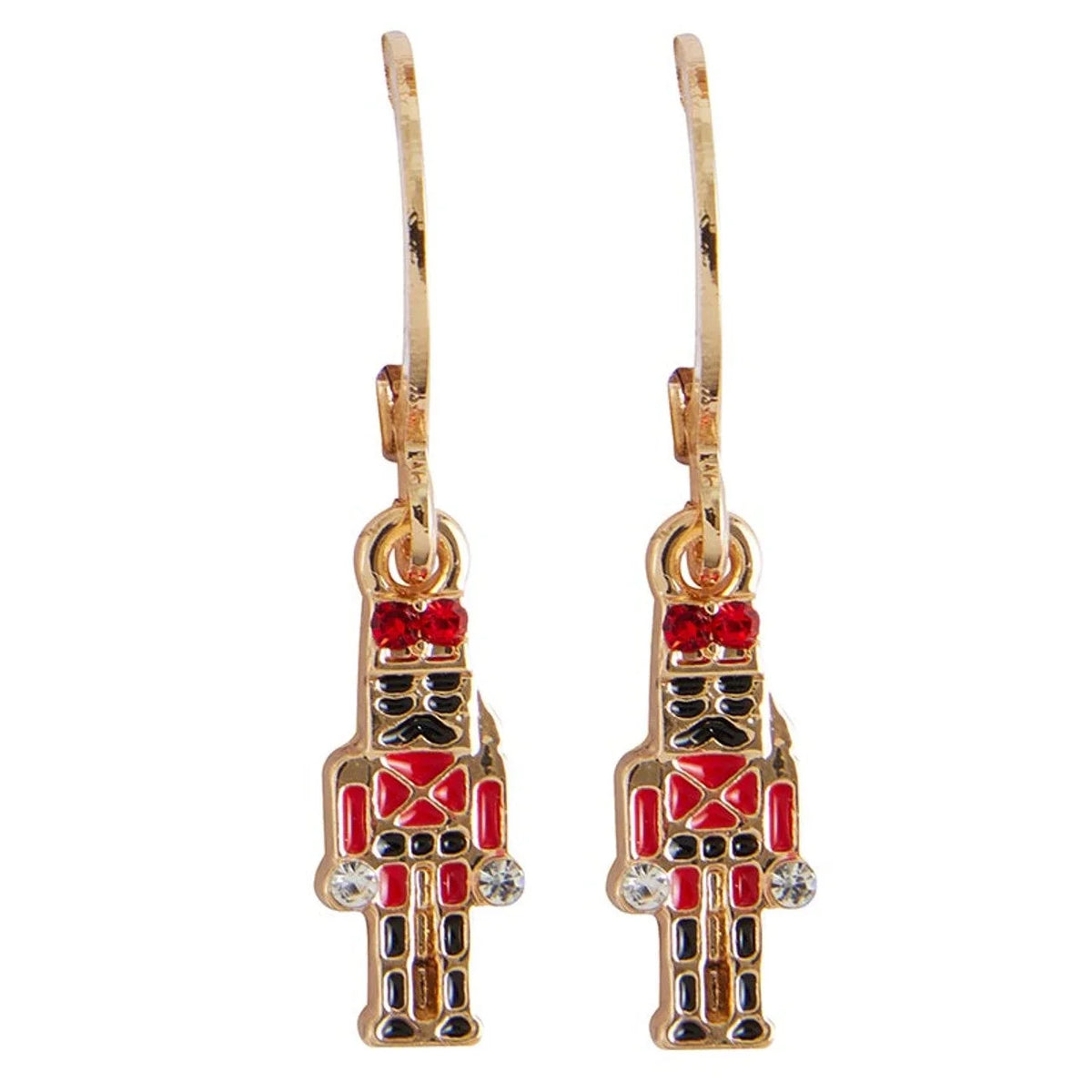 Gold-plated nutcracker soldier dangle earrings with red and black enamel for Treasure Box Earrings