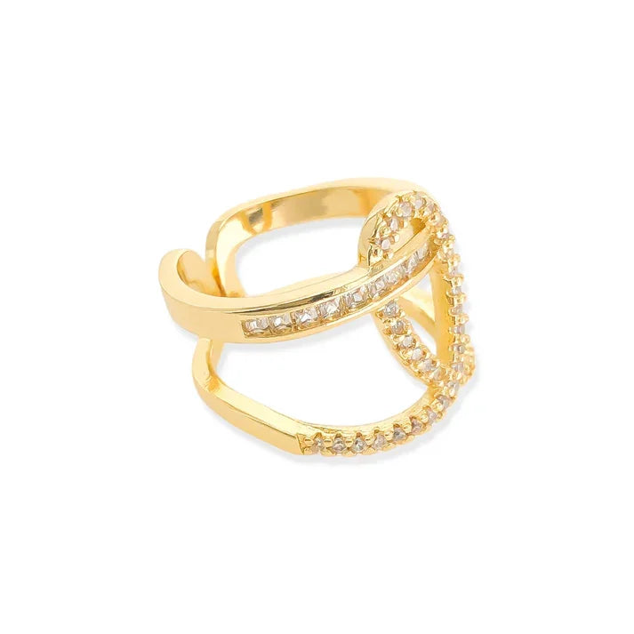 Gold-plated looped CZ ring with intertwined bands, adjustable gold ring design