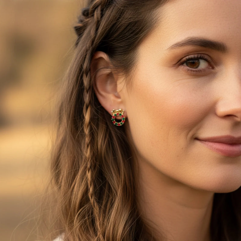 Gold and red lion circle stud earrings from Festive Holiday Stud Set