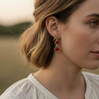 Ruby Bow Drop Earrings: Gold and Red Layered Boho Chic Design