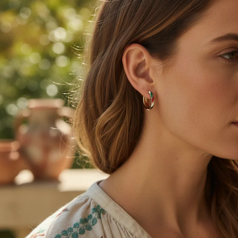 Gold and red geometric Christmas hoop earrings