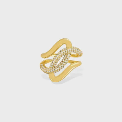 Gold looped ring with pave-set cubic zirconia centerpiece and triple gold plating