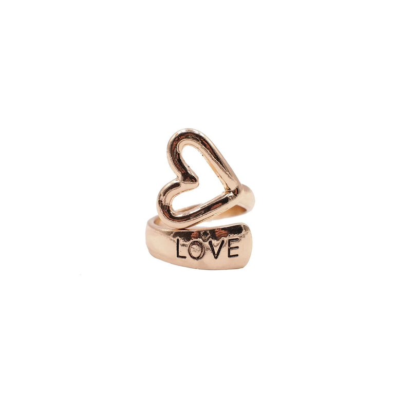 Gold Heart Love Ring featuring the word love intricately designed in the center