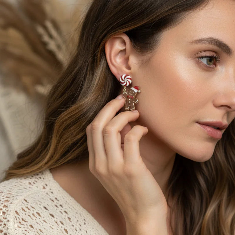 Festive gingerbread man and peppermint dangle earrings with gold Santa lollipop