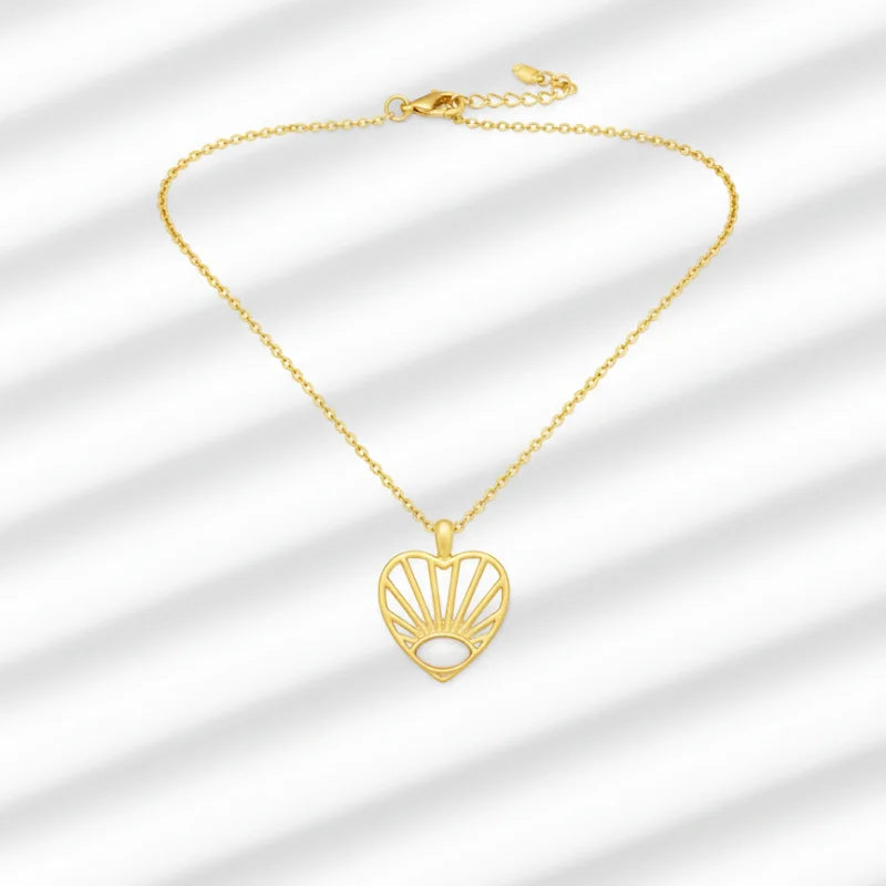 Boho Gold Sunrise Heart Necklace with Intricate Oval Stud Heart Pendant