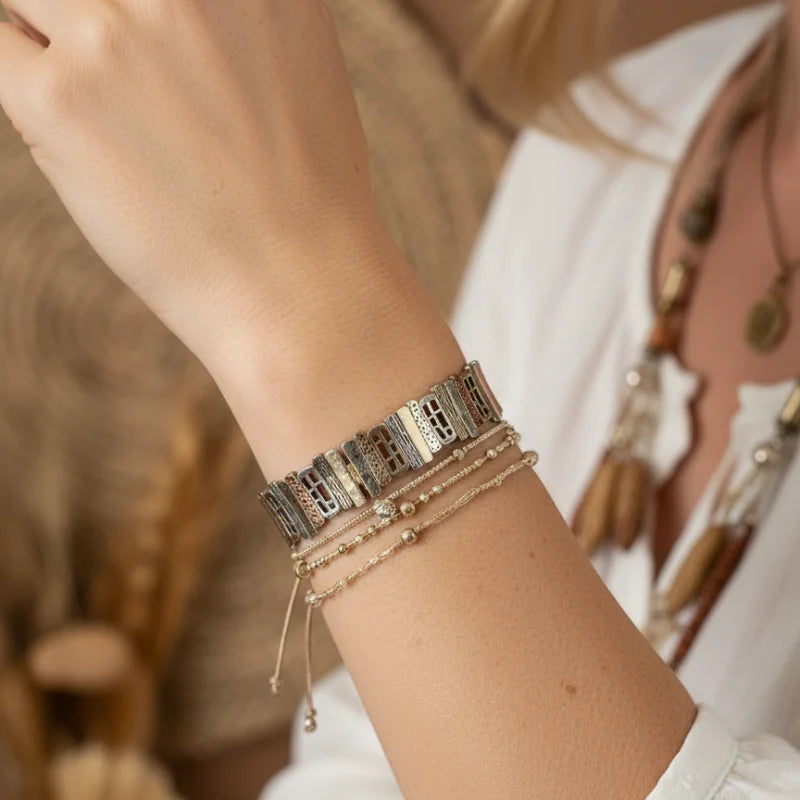 Artistic textured gold and silver stretch bracelet for women’s boho chic