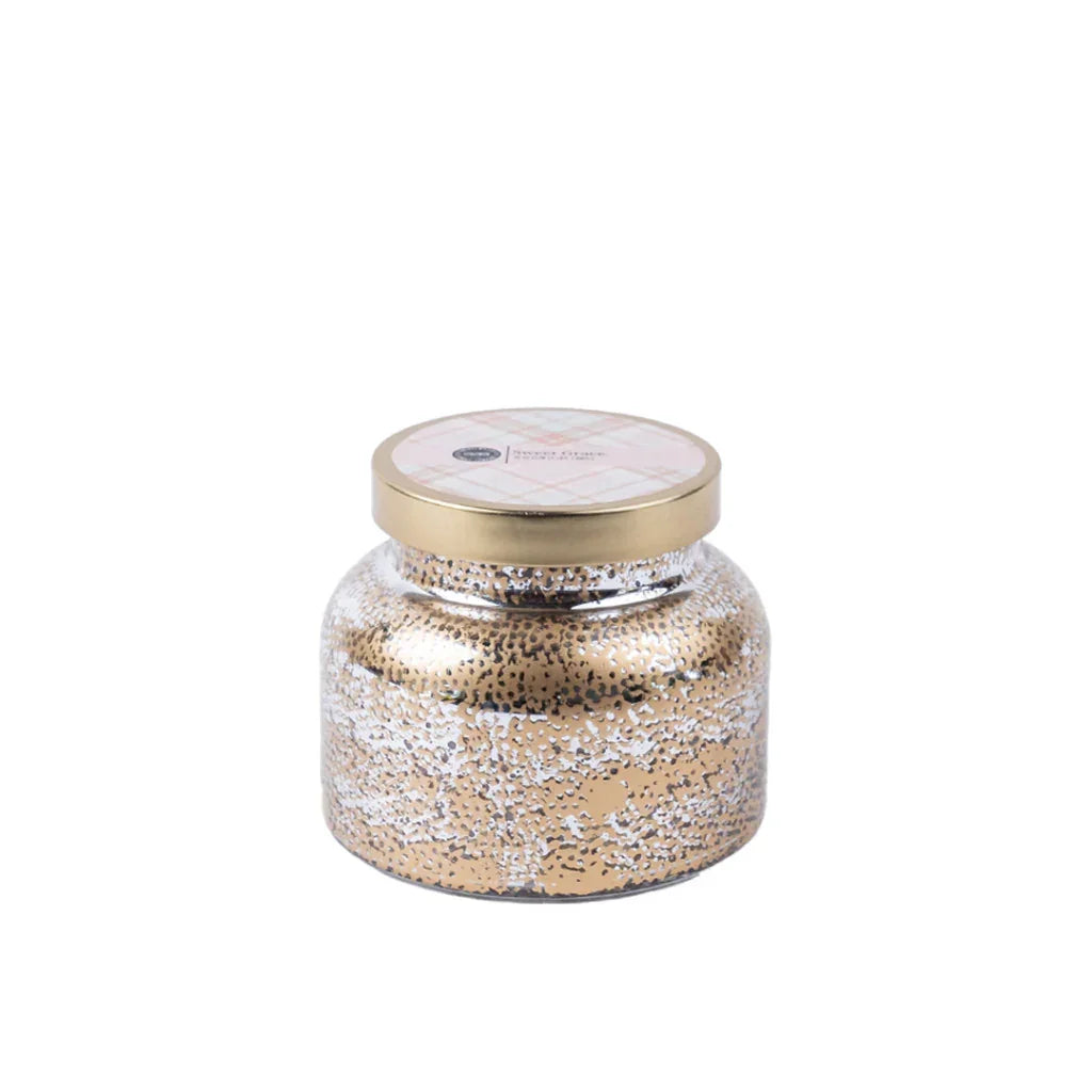 Sweet Grace Mercury Jar Candle 18oz in shimmering gold silver speckled glass