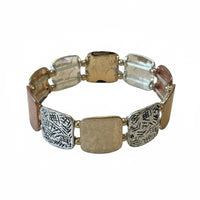 Bohemian mixed metal stretch bracelet with gold and silver square links
