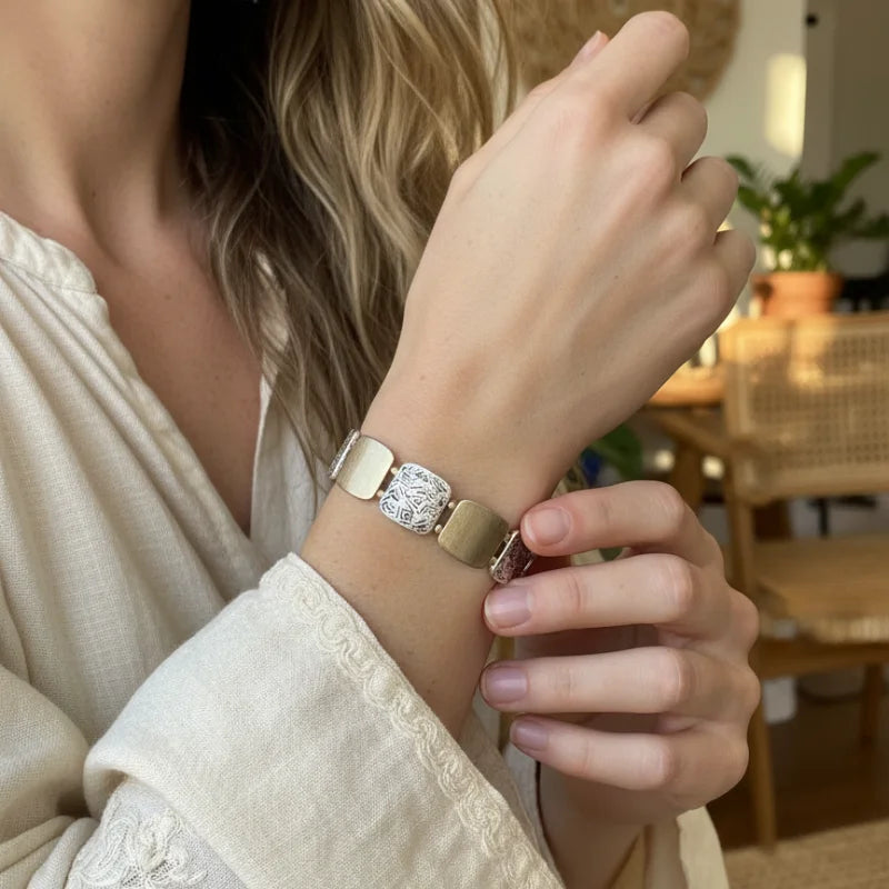Bohemian mixed metal stretch bracelet with gold and silver interlocking links