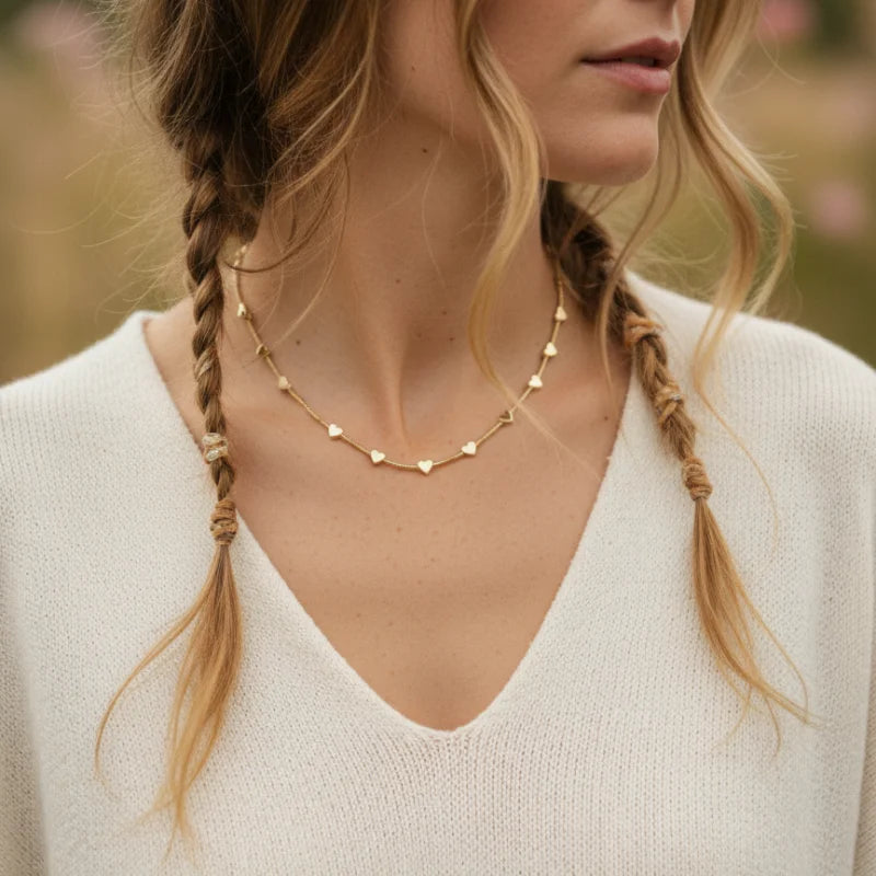 Golden heart charm necklace with braided hair and white sweater