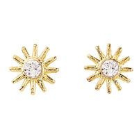 Gold sun-shaped stud earrings with clear gemstones from the Treasure Box collection