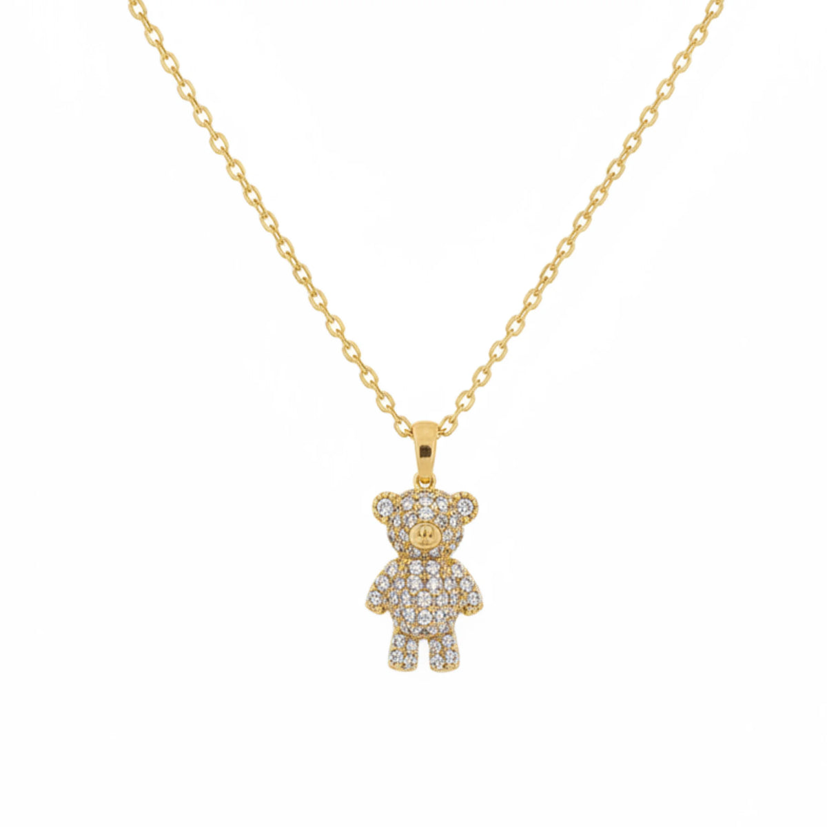 Brilliant gold dipped teddy bear pendant necklace with cubic zirconia details